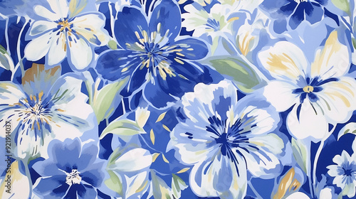 blue and white floral, large flowers, small green leaves, vibrant colors, seamless wallpaper, patterns, background, backdrop, wallpaper