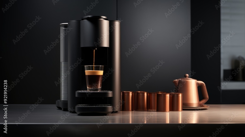 High-quality coffee machine maker with a minimalist design, showcasing its features and a fresh cup of coffee being brewed,generative ai High-quality coffee machine maker with a minimalist design, showcasing its features and a fresh cup of coffee being brewed,generative ai