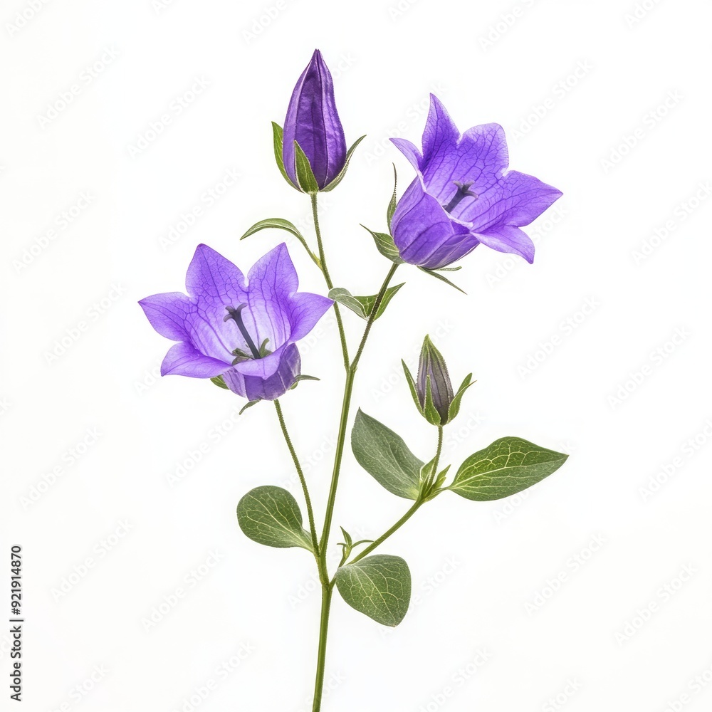 Close up of purple bell flower, campanula patula with leaves on an isolated white background Close up of purple bell flower, campanula patula with leaves on an isolated white background