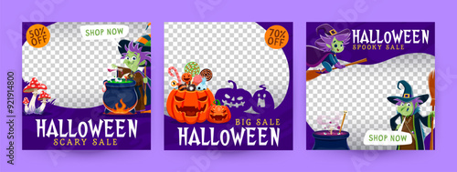 Halloween sale banner templates, witch and holiday sweets bucket, pumpkins, cauldron and amanita mushroom. Vector frames featuring bewitching discount offers, eerie text screams savings and spooky fun