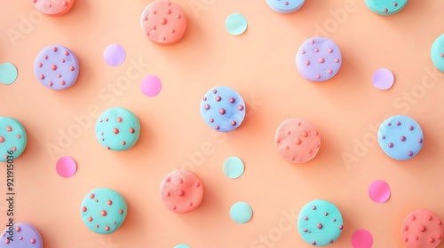 Pastel polka dots, soft peach background, dots in shades of mint, lavender, and pink, evenly spaced, hd quality, minimalist and airy feel. --ar 16:9 --v 6.0 --s 250 --style raw