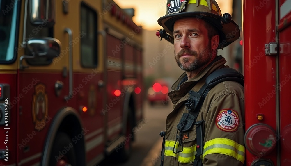 An American firefighter stands proudly next to a fire truck, dramatic light highlighting their determined expression and uniform details. An American firefighter stands proudly next to a fire truck, dramatic light highlighting their determined expression and uniform details.