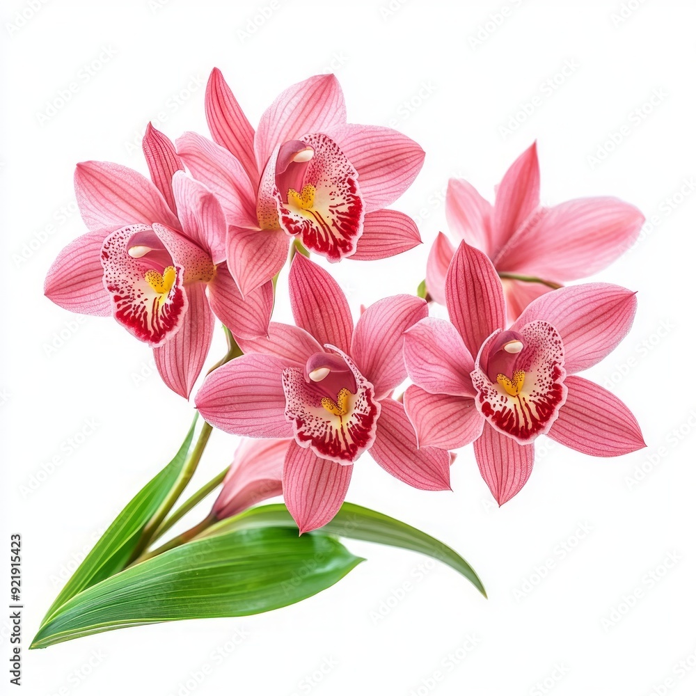 Fototapeta premium Close up of rosy beautiful orchid with leaves on an isolated white background