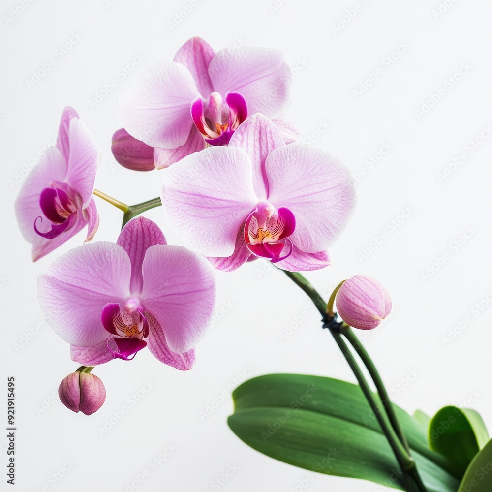 Close up of rosy beautiful orchid with leaves on an isolated white background Close up of rosy beautiful orchid with leaves on an isolated white background