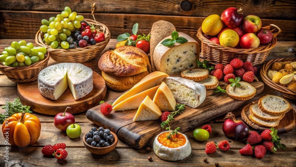 A bounty of fresh fruit, artisanal bread, and gourmet cheese arranged artfully on a rustic wooden table, evoking warmth and cozy gatherings. A bounty of fresh fruit, artisanal bread, and gourmet cheese arranged artfully on a rustic wooden table, evoking warmth and cozy gatherings.
