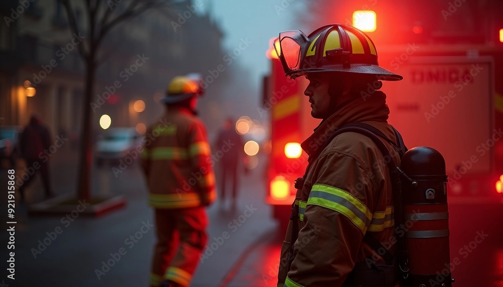 Portrait of a firefighter at the scene next to a fire truck. Portrait of a firefighter at the scene next to a fire truck.