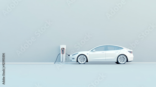 A white electric car is charging at a wall station on a gray background 