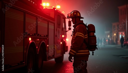 Portrait of a firefighter at the scene next to a fire truck. photo