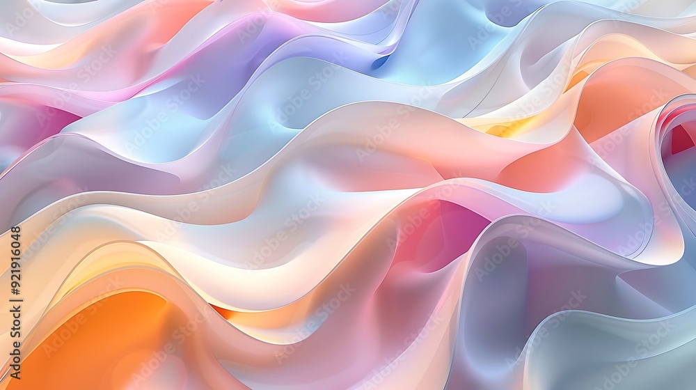 Obraz premium Pastel wavy lines, abstract design with hues of peach, mint, and lavender, flowing and smooth, high-definition quality, dreamy and light atmosphere, seamless transitions. --ar 16:9 --v 6.
