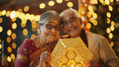 Indian elder couple in customary garb, carrying a festive present..