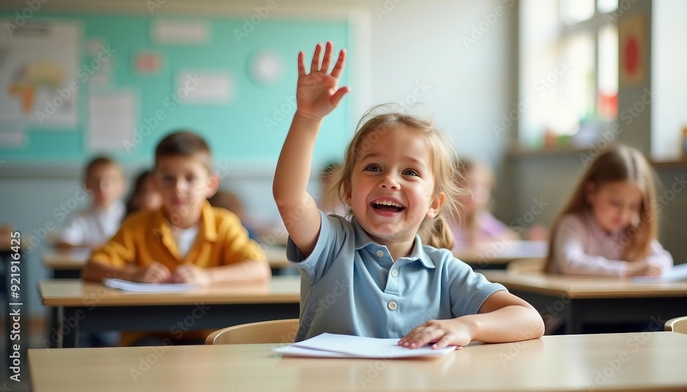 In a bright, modern classroom, a focused student raises their hand, highlighting eagerness to learn in a symmetrical, engaging composition. In a bright, modern classroom, a focused student raises their hand, highlighting eagerness to learn in a symmetrical, engaging composition.