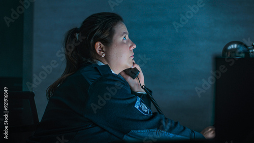 Εκτύπωση καμβά Female security officer or dispatch in uniform talks on landline phone, looks at screens sitting at the workplace in monitoring center during night shift