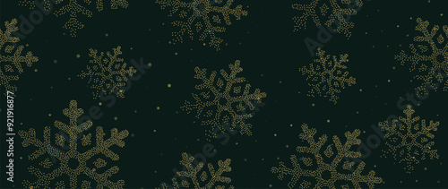 Luxury christmas and happy new year concept background vector. Elegant glittering gold snowflake decorated with spot texture on dark green bokeh background. Design for wallpaper, card, banner.