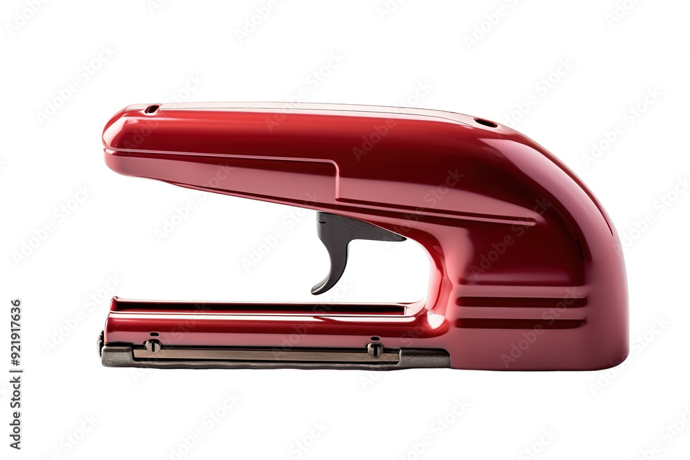 Vibrant Red Handheld Stapler Resting on a Clean White Surface in Soft Natural Light on White or PNG Transparent Background. Vibrant Red Handheld Stapler Resting on a Clean White Surface in Soft Natural Light on White or PNG Transparent Background.