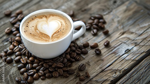 Cup of coffee latte and coffee beans in burlap sack on old wooden background