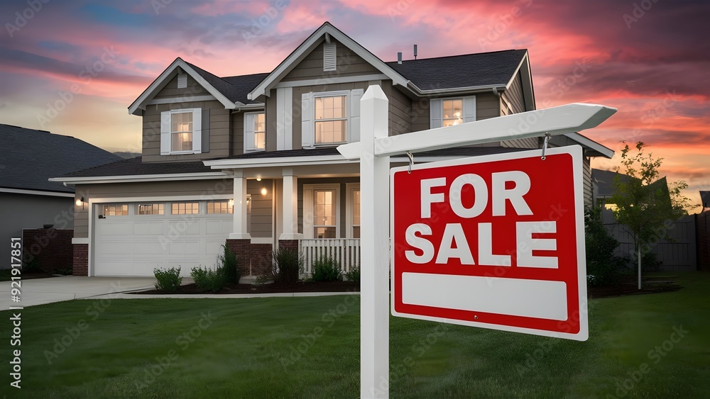 Sold suburban home beautiful real estate property with 'For Sale' sign in the yard Sold suburban home beautiful real estate property with 'For Sale' sign in the yard