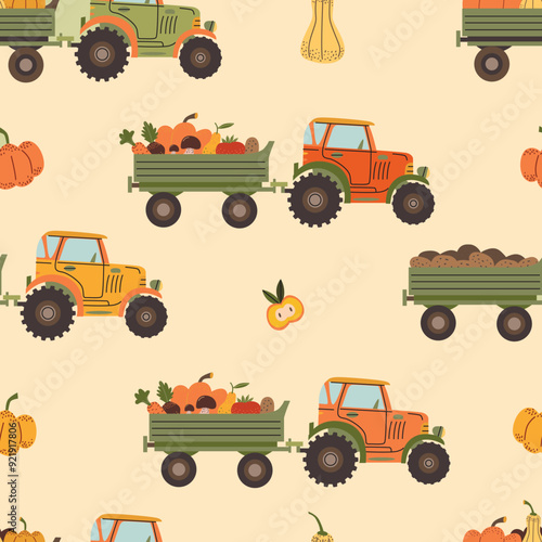Tractors with trailer full of vegetables. Harvest season seamless pattern. Thanksgiving decor elements on yellow backdrop. Autumn farm Background.