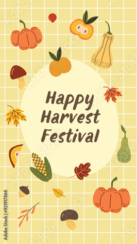 Happy Harvest Festival. Fall Vegetables on Grid Background. Stories Template for Social Media. Autumn Season Design.