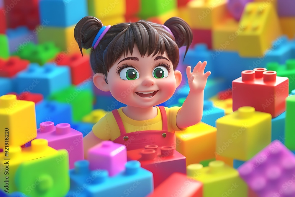 Happy Girl Playing with Colorful Building Blocks Happy Girl Playing with Colorful Building Blocks