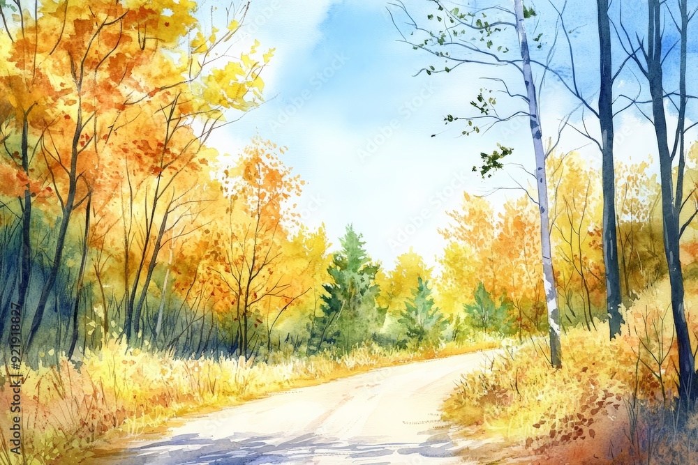 Beautiful autumn landscape with a winding road surrounded by vibrant fall foliage and clear blue sky, perfect for seasonal and nature themes. Beautiful autumn landscape with a winding road surrounded by vibrant fall foliage and clear blue sky, perfect for seasonal and nature themes.