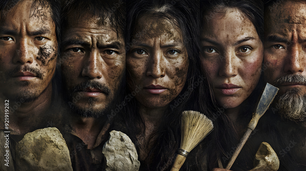 A series of close-up portraits of archaeologists, with dirt-smudged faces, holding ancient artifacts or brushes, showcasing their dedication to uncovering history.
A series of close-up portraits of archaeologists, with dirt-smudged faces, holding ancient artifacts or brushes, showcasing their dedication to uncovering history.