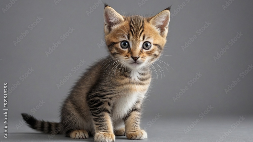 Obraz premium Little kitten sitting looking at the camera. gray background.