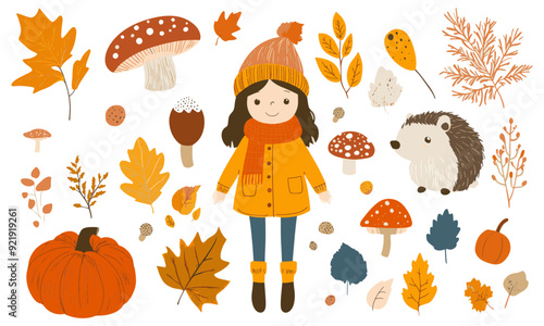 Hello autumn. Set of vector cute illustrations of mushrooms, leaves, girl, animal, autumn set