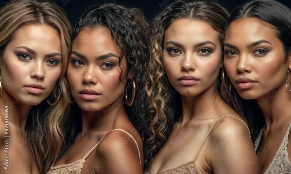 A captivating display of four models embracing their unique beauty with graceful expressions while bathed in soft light, creating an enchanting atmosphere A captivating display of four models embracing their unique beauty with graceful expressions while bathed in soft light, creating an enchanting atmosphere