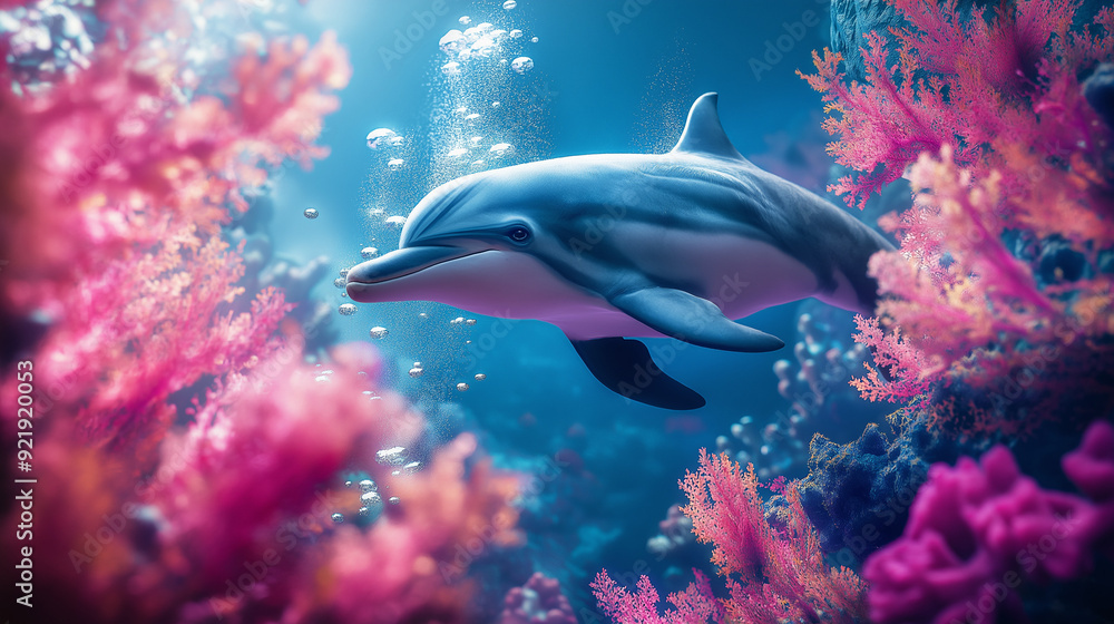 Obraz premium colorful baby dolphin print illustration on coral background