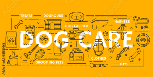 Dog pet care banner, grooming supplies and toys or food snacks in vector line icons. Dog pet care, leash and harness collar with clothes, doghouse and carrier bag with pillow bed and grooming brush
