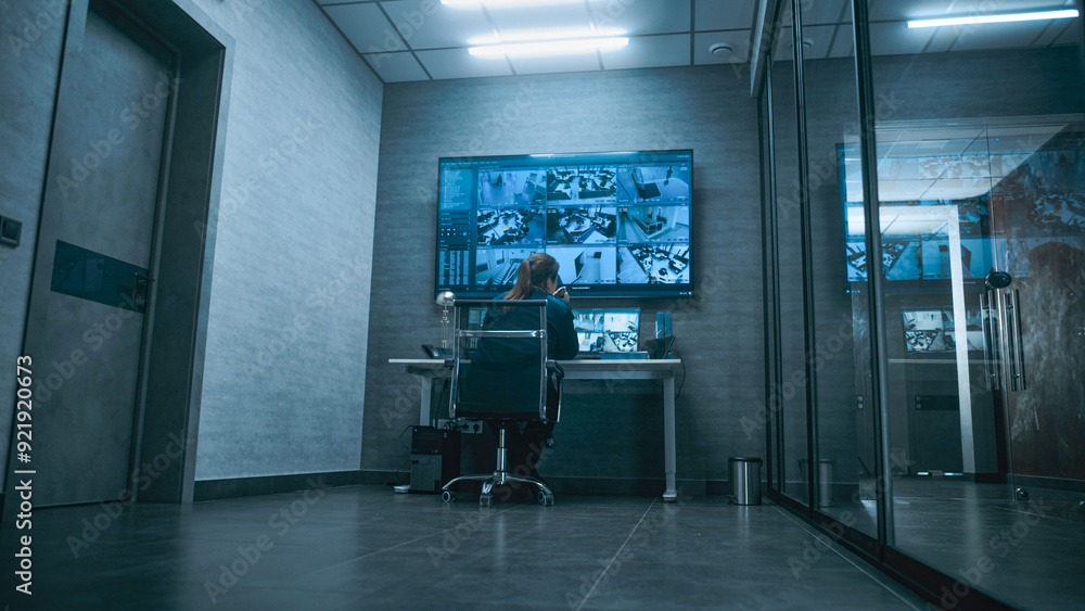 Back view of female CCTV operator watching security cameras on computer, talking on landline phone. Surveillance footage on multiple monitors and digital screen. Back view of female CCTV operator watching security cameras on computer, talking on landline phone. Surveillance footage on multiple monitors and digital screen.