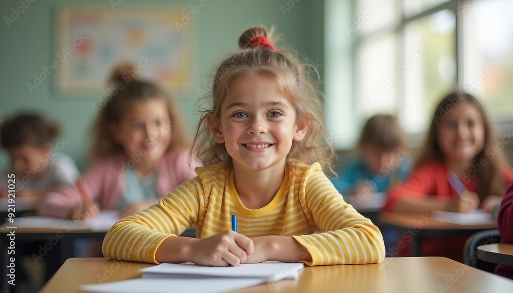 In a bright classroom, an elementary student smiles warmly at their desk, surrounded by engaged classmates in a cozy setting. In a bright classroom, an elementary student smiles warmly at their desk, surrounded by engaged classmates in a cozy setting.