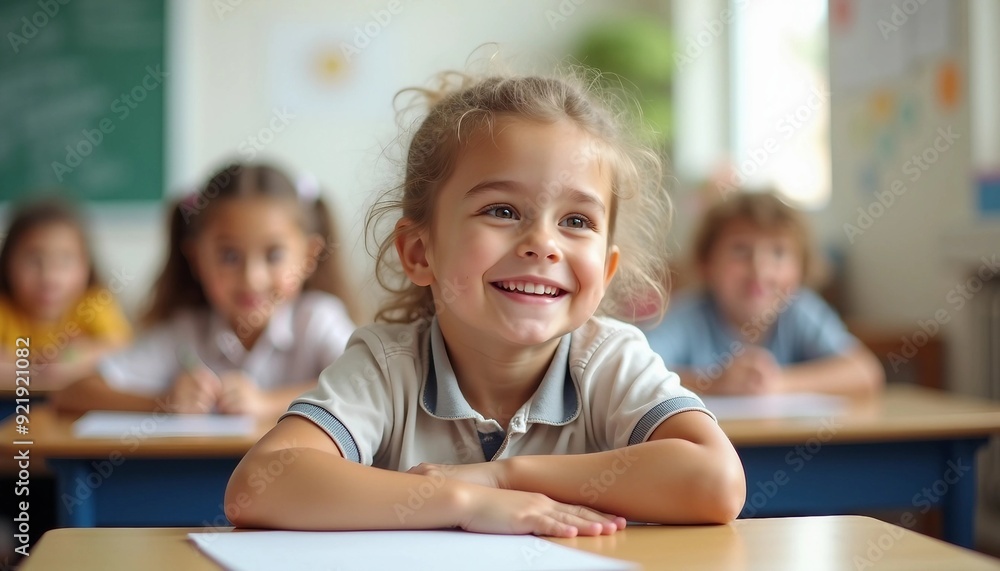 In a bright classroom, an elementary student smiles warmly at their desk, surrounded by engaged classmates in a cozy setting. In a bright classroom, an elementary student smiles warmly at their desk, surrounded by engaged classmates in a cozy setting.