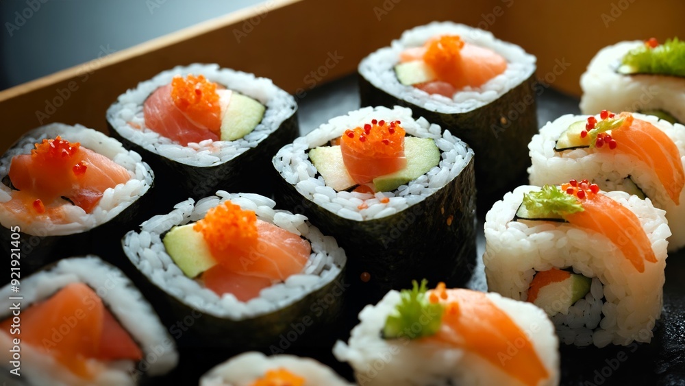 Gourmet sushi rolls with vibrant ingredients Gourmet sushi rolls with vibrant ingredients