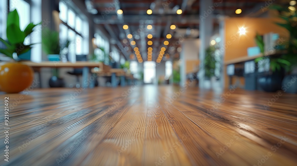 Business modern office open space with wooden floor bokeh background blurred interior with panoramic windows and beautiful lighting Business modern office open space with wooden floor bokeh background blurred interior with panoramic windows and beautiful lighting
