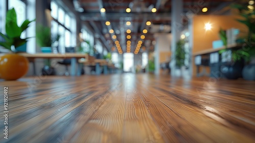 Wallpaper Mural Business modern office open space with wooden floor bokeh background blurred interior with panoramic windows and beautiful lighting Torontodigital.ca
