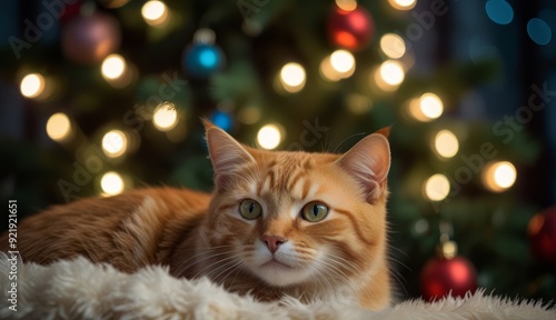 Cozy Cat by Christmas Tree