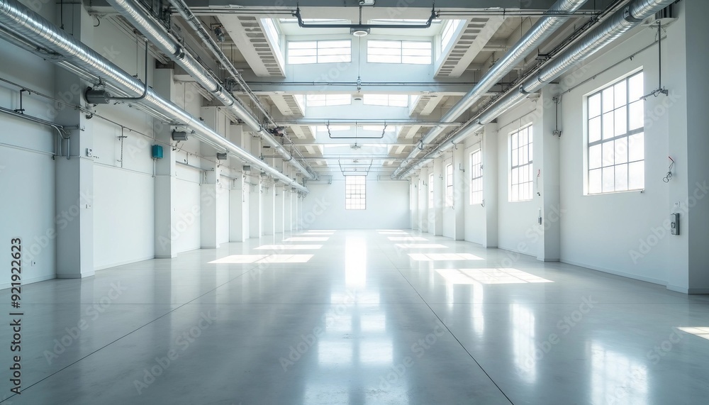 Inside a vast, empty factory, soft white tones and industrial pipes create an airy ambiance, with light reflecting off the shiny floor. Inside a vast, empty factory, soft white tones and industrial pipes create an airy ambiance, with light reflecting off the shiny floor.