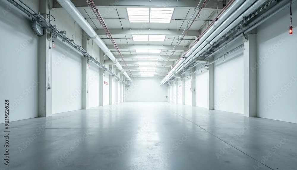 Inside a vast, empty factory, soft white tones and industrial pipes create an airy ambiance, with light reflecting off the shiny floor. Inside a vast, empty factory, soft white tones and industrial pipes create an airy ambiance, with light reflecting off the shiny floor.
