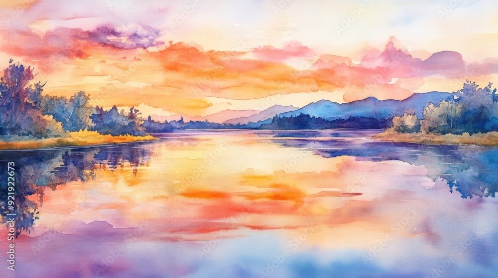 Beautiful watercolor landscape of a serene lake at sunset, with vibrant colors reflecting on the calm water surface and distant mountains. Beautiful watercolor landscape of a serene lake at sunset, with vibrant colors reflecting on the calm water surface and distant mountains.