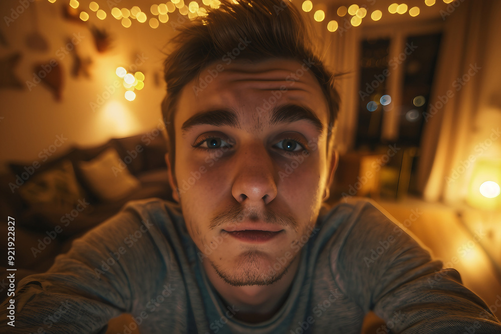 Photo of young blogger taking selfie and streaming cozy home indoors ai generative Photo of young blogger taking selfie and streaming cozy home indoors ai generative