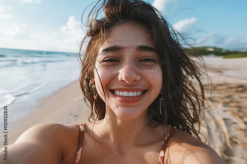 AI generated picture of happy woman taking selfie picture on summer vacation day AI generated picture of happy woman taking selfie picture on summer vacation day