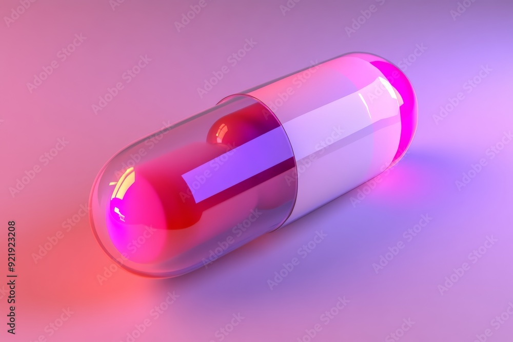 Single Capsule Illuminated with Neon Light on a Dark Background Single Capsule Illuminated with Neon Light on a Dark Background
