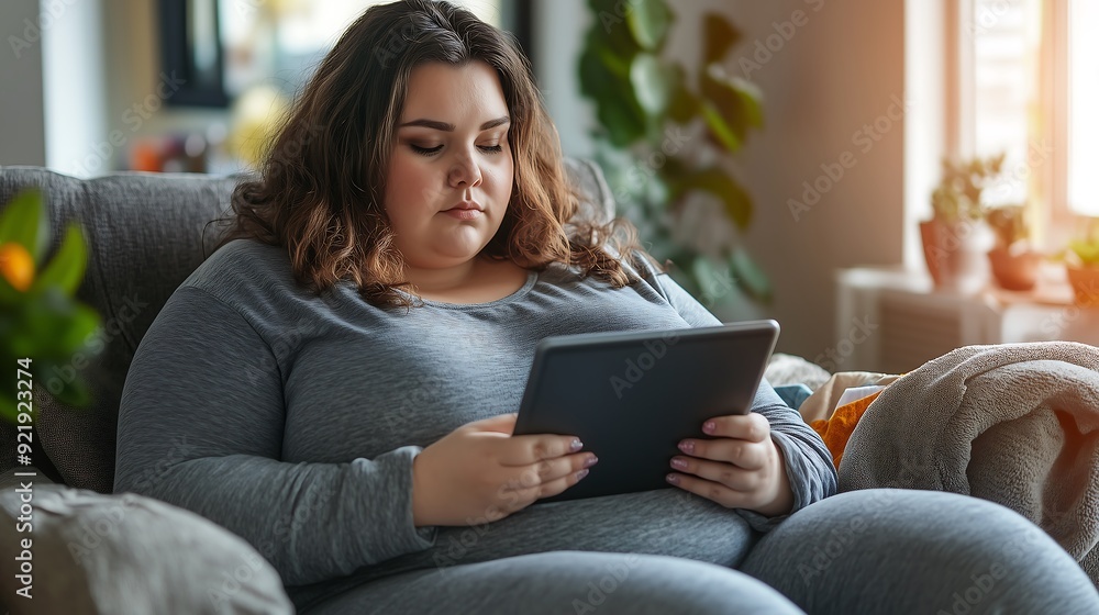 Woman Relaxing on Sofa with Tablet and Blanket Woman Relaxing on Sofa with Tablet and Blanket