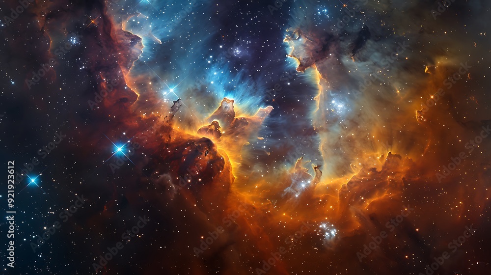 Naklejka premium A close-up view of a colorful nebula with glowing gas clouds and twinkling stars, set against the deep black backdrop of space. High contrast, intricate details, hd quality, cosmic beauty.