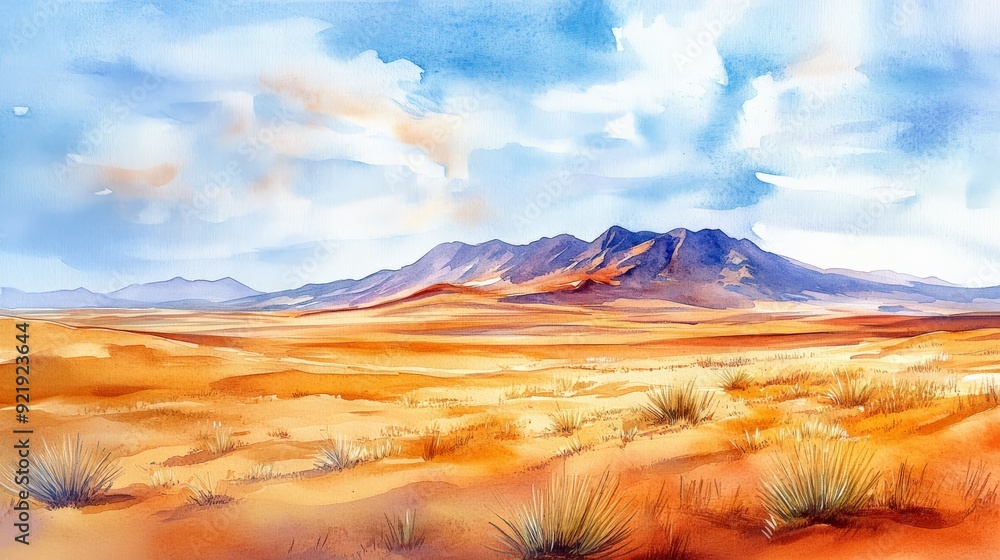 Obraz premium Beautiful watercolor painting of a serene desert landscape with mountains in the background and a vibrant blue sky.