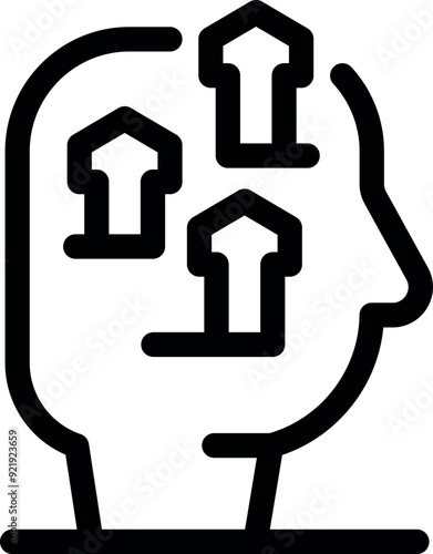 Black and white line art vector of a side profile of a human head with three upwards pointing arrows symbolizing growth mindset