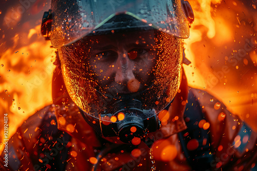 AI generated picture of a brave firefighter in the light of flames burning building photo