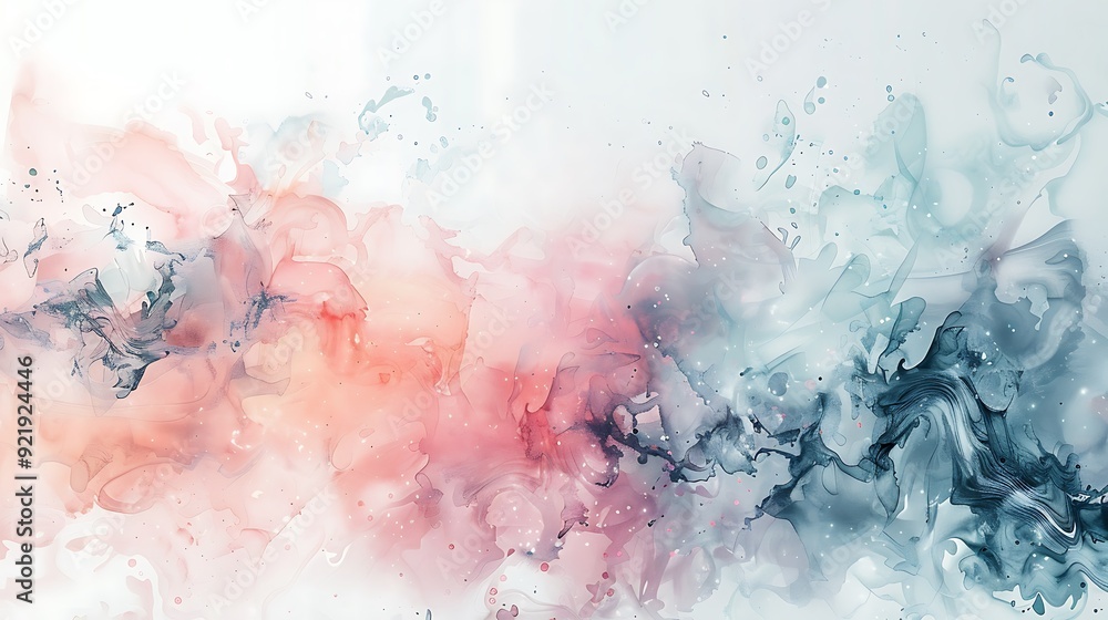 Fototapeta premium A delicate abstract watercolor artwork with soft splashes of peach, mint, and lavender, creating a gentle and harmonious composition on a white background. Soft colors, fluid transitions, hd quality,