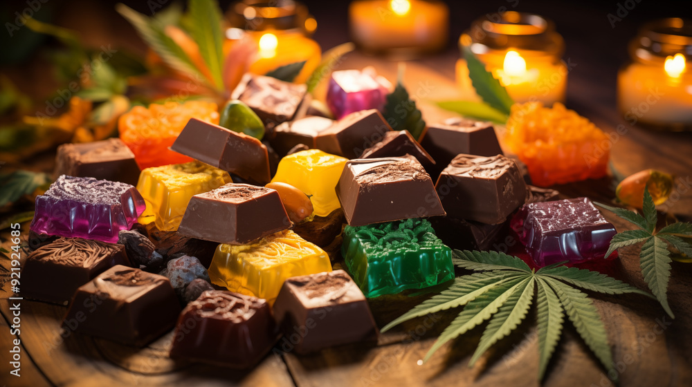 Cannabis Edibles Featuring A Mix Of Gummies And Chocolate On Wooden Platter With Cannabis Leaves In A Candlelit Environment Cannabis Edibles Featuring A Mix Of Gummies And Chocolate On Wooden Platter With Cannabis Leaves In A Candlelit Environment